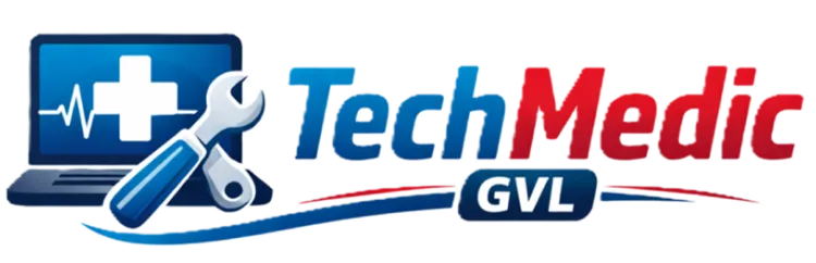 Logo showing a laptop with a medical cross, wrench, and text “TechMedic GVL” with blue and red accents.