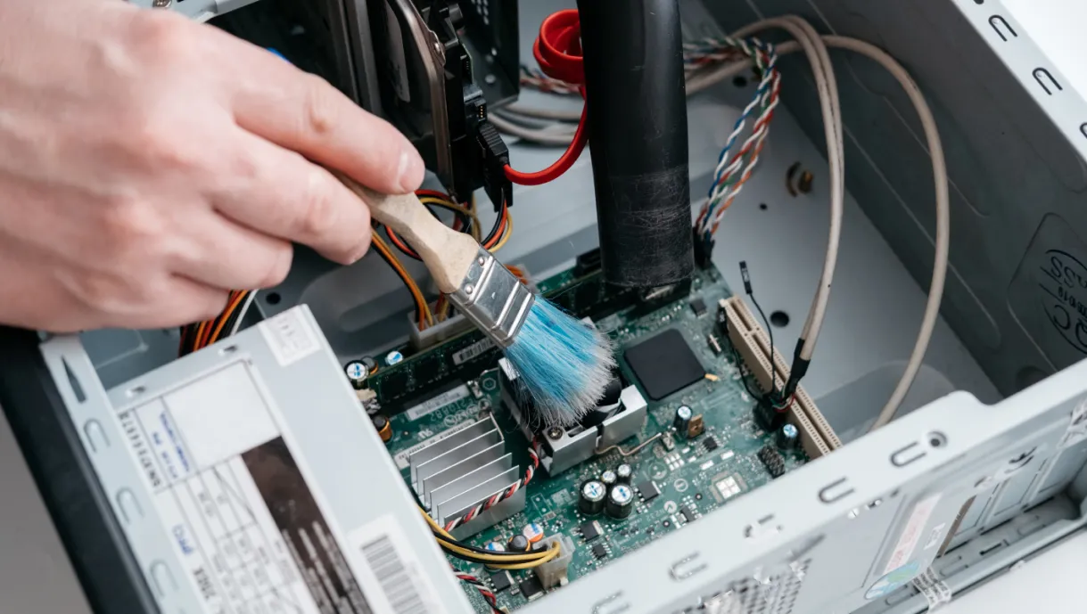 Hand using a paintbrush to clean dust from computer components inside an open desktop case.