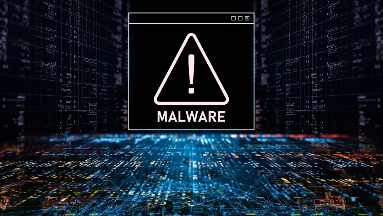 A digital warning sign with an exclamation mark and the word “malware” amid virtual data graphics.